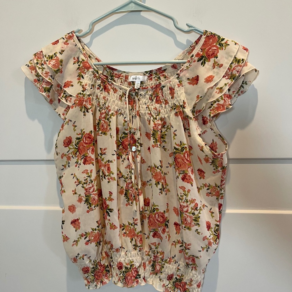 Marisol Floral Print Ruffle Sleeve Blouse Top Women's Size M Medium Peach Femme‎